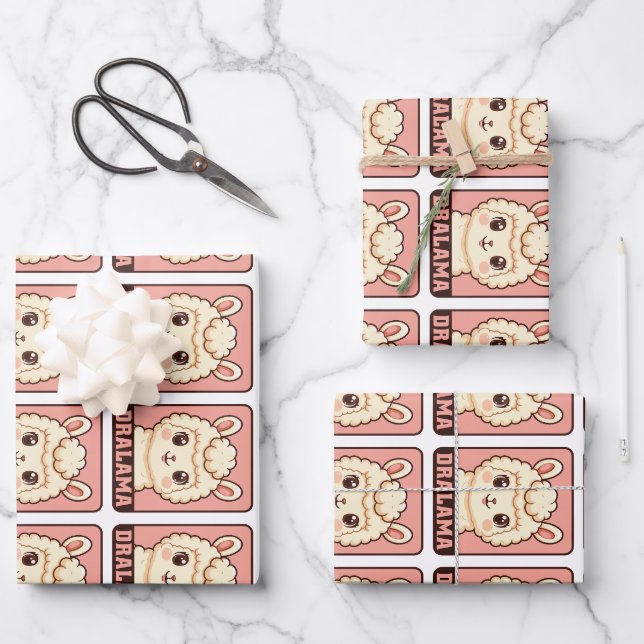 Cute llama illustration design wrapping paper sheet (Front)