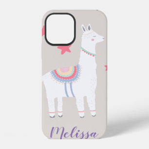 Cute Llama Illustration with Monogram in Purple iPhone 12 Case