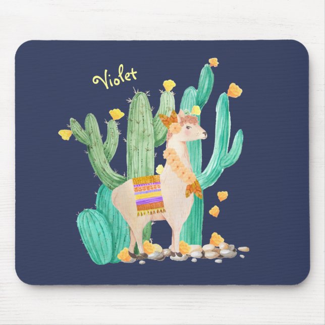 Cute Llama in Cactus Garden - Personalised Blue Mouse Mat (Front)