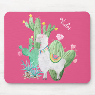 Cute Llama in Cactus Garden - Personalised Pink Mouse Mat