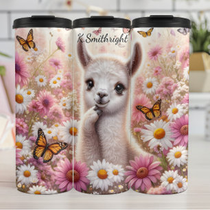Cute Llama in Floral Meadow Butterflies Thermal Tumbler
