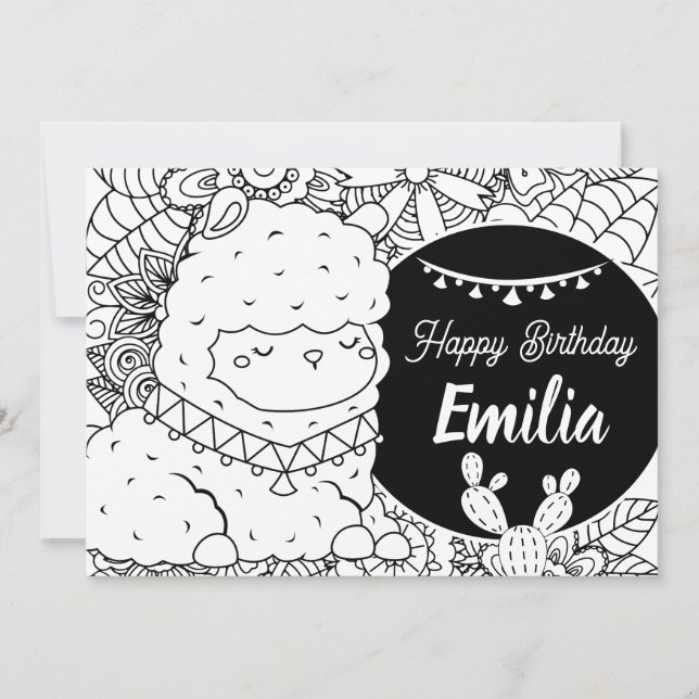 Cute Llama Kids Birthday Floral Colouring Holiday Card (Front)