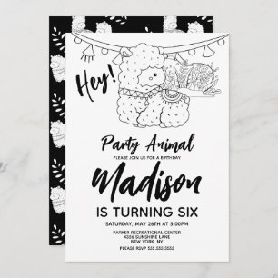 Cute Llama Kids Birthday Party Black White Invitation