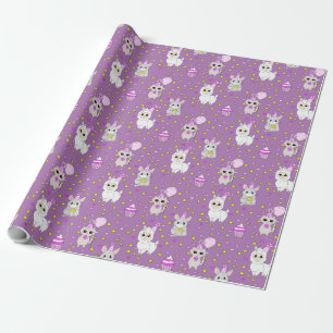 Cute Llama, Kitten and Mouse Cupcake Purple Girl's Wrapping Paper