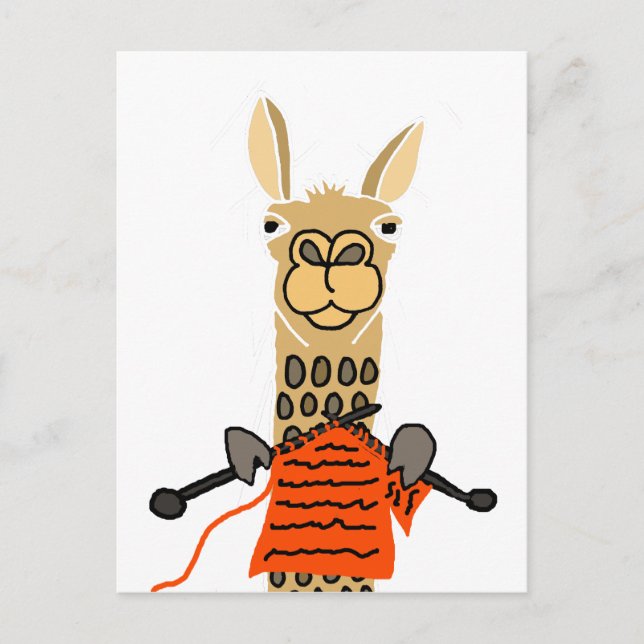 Cute Llama Knitting Cartoon Postcard (Front)