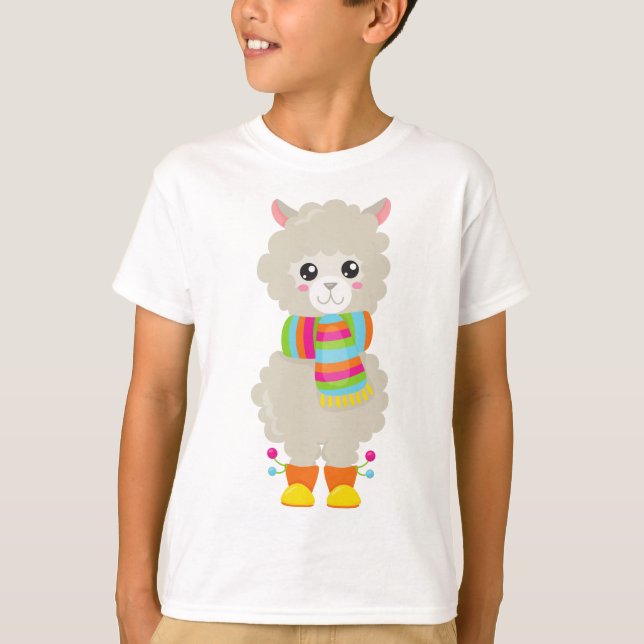Cute Llama, Little Llama, Alpaca, Llama With Scarf T-Shirt (Front)