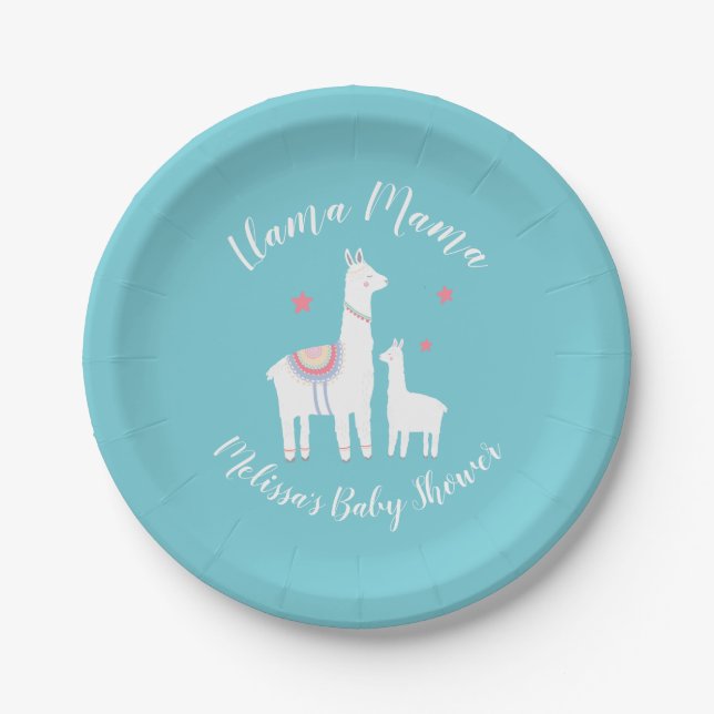 Cute Llama Mama Turquoise Baby Shower Paper Plate (Front)