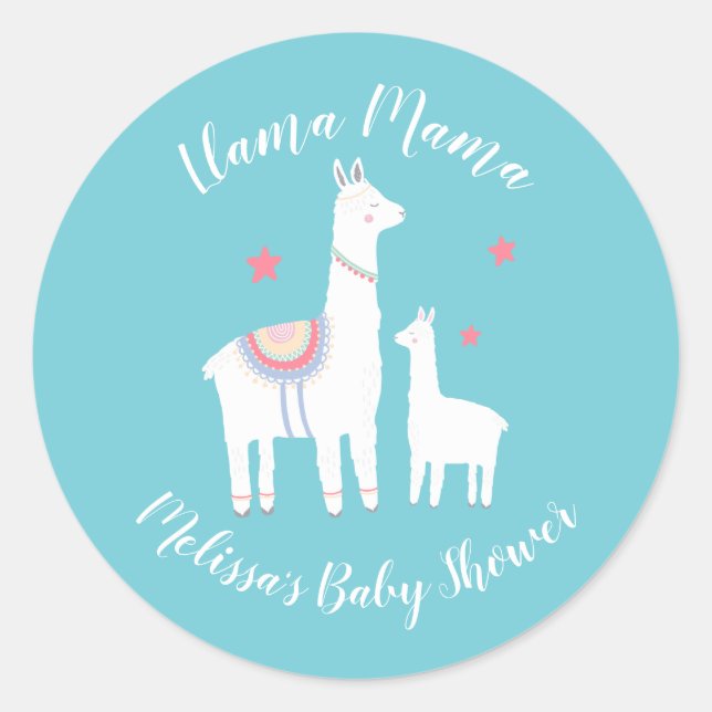Cute Llama Mama Turquoise Modern Baby Shower Classic Round Sticker (Front)