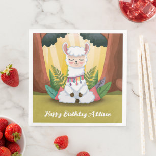 Cute Llama Meditating in Magical Forest Birthday Napkin