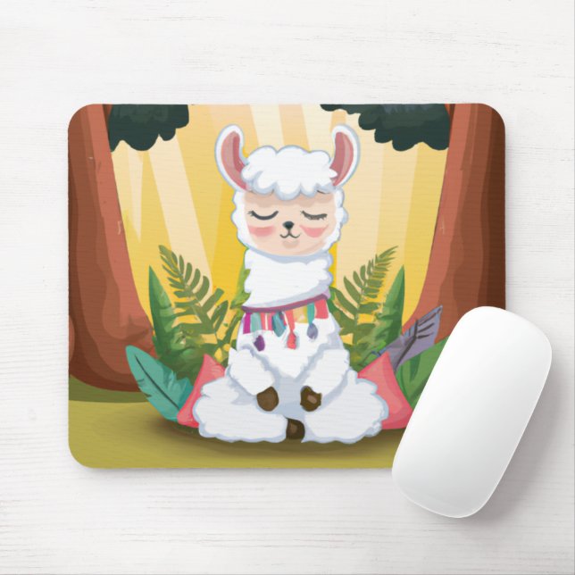 Cute Llama Meditating in Magical Forest Mouse Mat (With Mouse)
