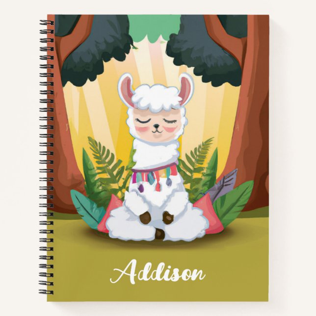 Cute Llama Meditating in Magical Forest Notebook (Front)
