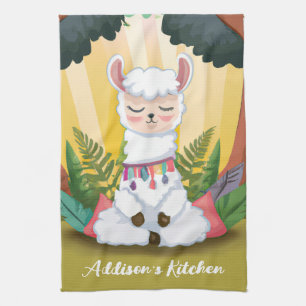 Cute Llama Meditating in Magical Forest Tea Towel