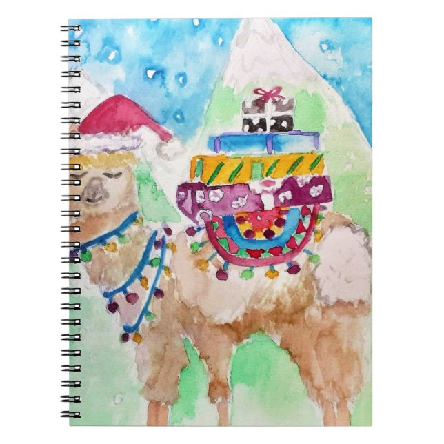 Cute Llama Merry Christmas Watercolour art Notebook (Front)