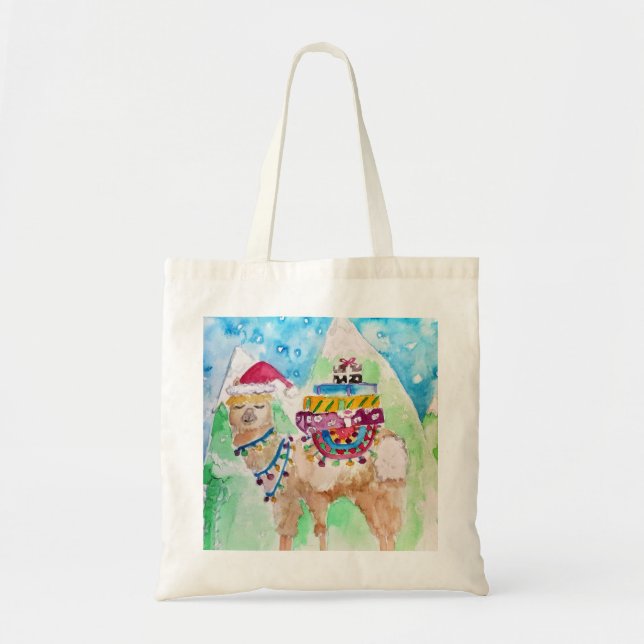 Cute Llama Merry Christmas Watercolour art Tote Bag (Front)