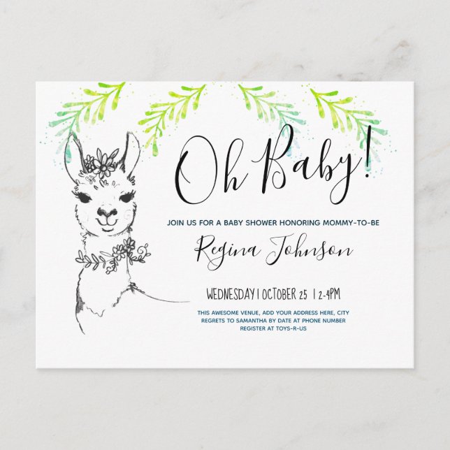Cute llama Oh Baby Shower Girl Invitation Postcard (Front)