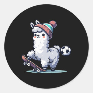 Cute Llama On Skateboard With Soccer Byll Beanie Classic Round Sticker