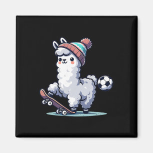 Cute Llama On Skateboard With Soccer Byll Beanie Magnet