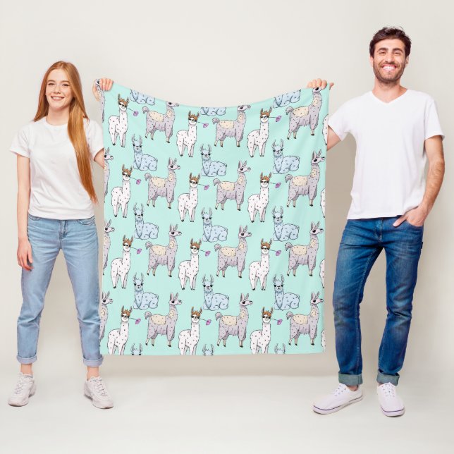 Cute Llama Pattern on Green Fleece Blanket (In Situ)