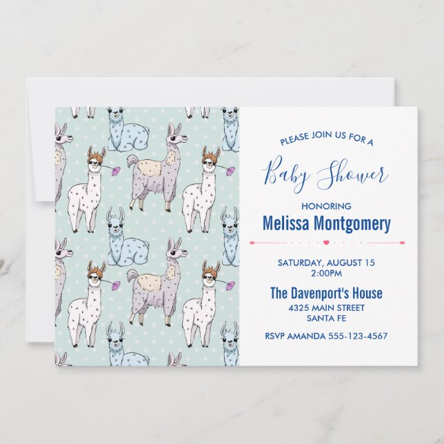 Cute LLama Pattern on Polka Dots Baby Shower Invitation (Front)
