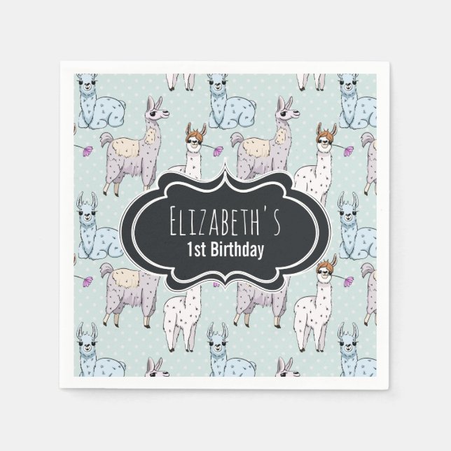 Cute Llama Pattern on Polka Dots Birthday Napkin (Front)