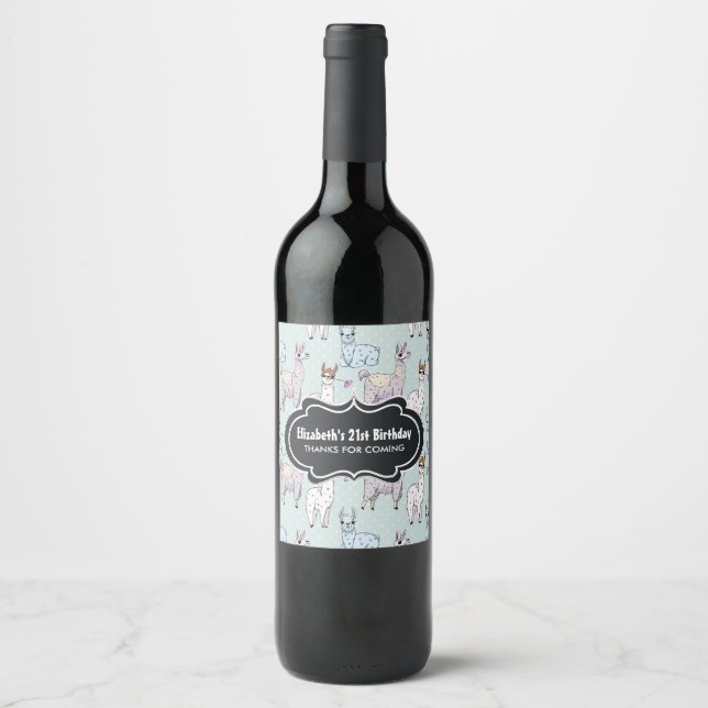 Cute Llama Pattern on Polka Dots Birthday Wine Label (Front)