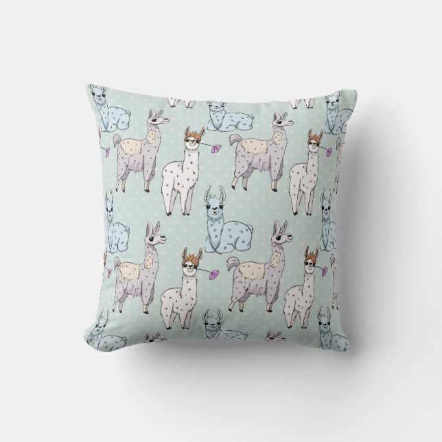 Cute Llama Pattern on Polka Dots Cushion (Front)
