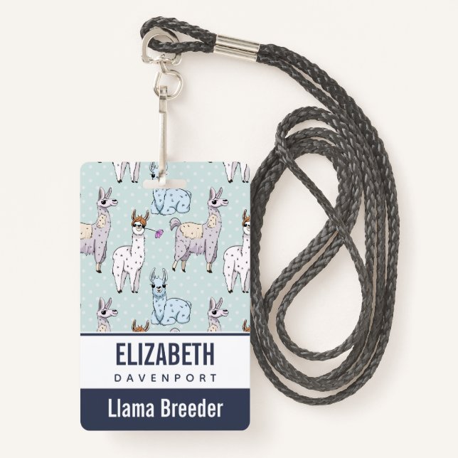 Cute Llama Pattern on Polka Dots ID Badge (Front with Lanyard)
