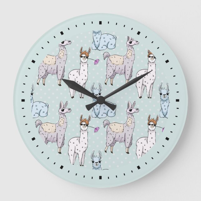 Cute Llama Pattern on Polka Dots Large Clock (Front)