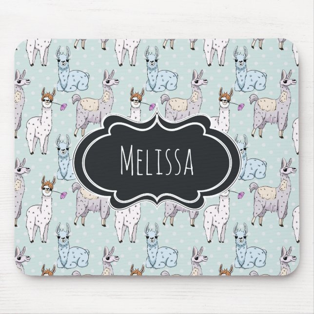 Cute Llama Pattern on Polka Dots Mouse Mat (Front)
