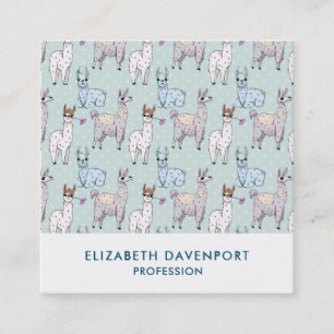 Cute Llama Pattern on Polka Dots Square Business Card