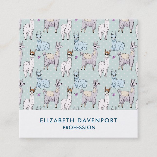 Cute Llama Pattern on Polka Dots Square Business Card (Front)