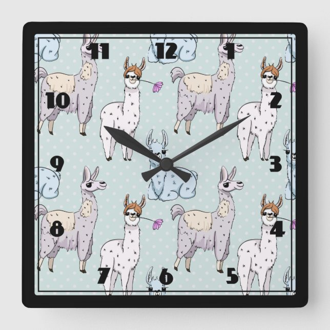 Cute Llama Pattern on Polka Dots Square Wall Clock (Front)