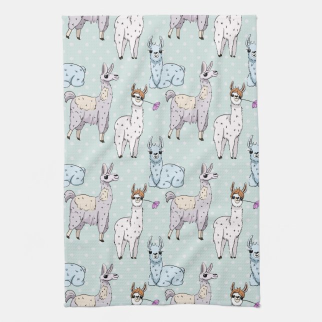 Cute Llama Pattern on Polka Dots Tea Towel (Vertical)