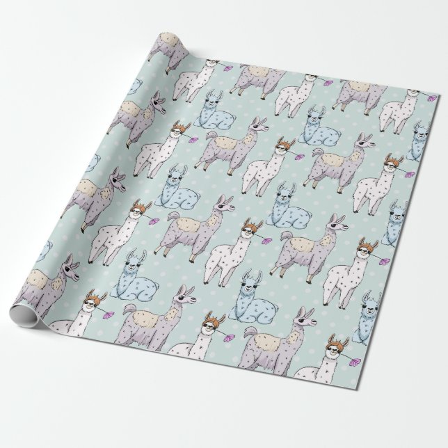 Cute Llama Pattern on Polka Dots Wrapping Paper (Unrolled)