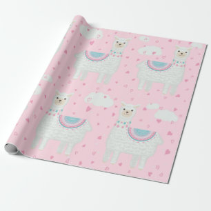 Cute llama pattern pink background wrapping paper