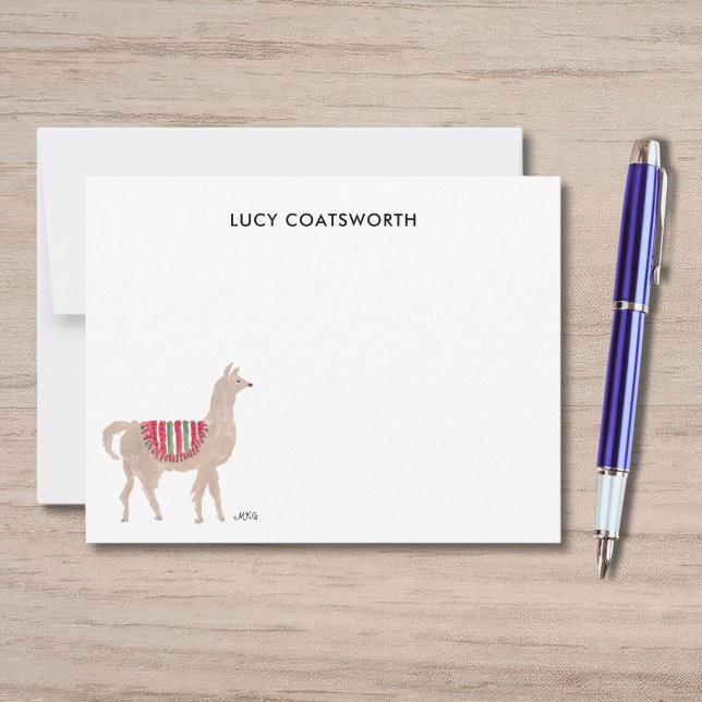 Cute Llama Personalised Boho Animal Artwork Card (This whimsical llama note card features a watercolor llama in a red blanket in the lower RH corner.)