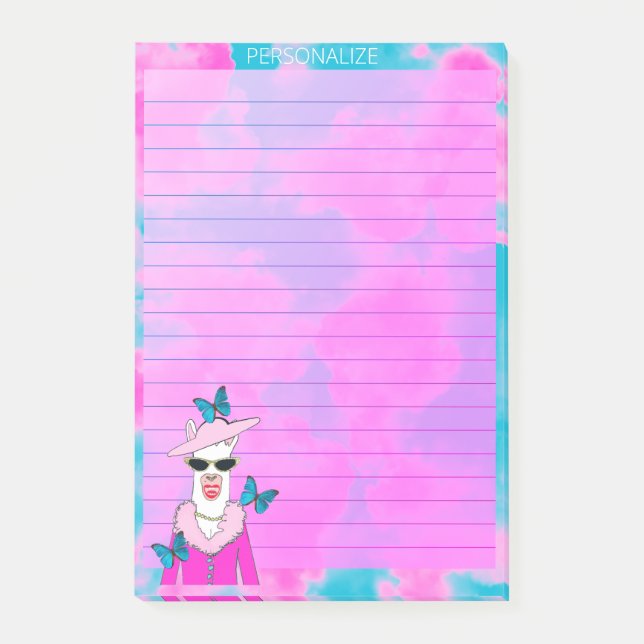 Cute Llama Pink Clouds Lined Blue Post It Notes (Front)