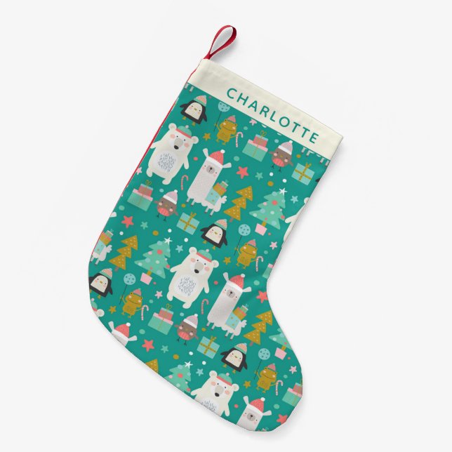 Cute Llama Polar Bear Penguin Pattern Personalised Small Christmas Stocking (Front (Hanging))