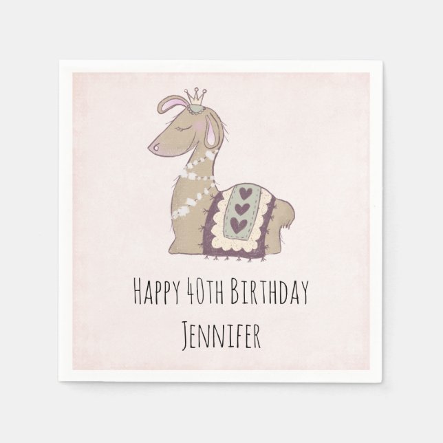 Cute Llama Princess Wearing a Crown Birthday Napkin (Front)
