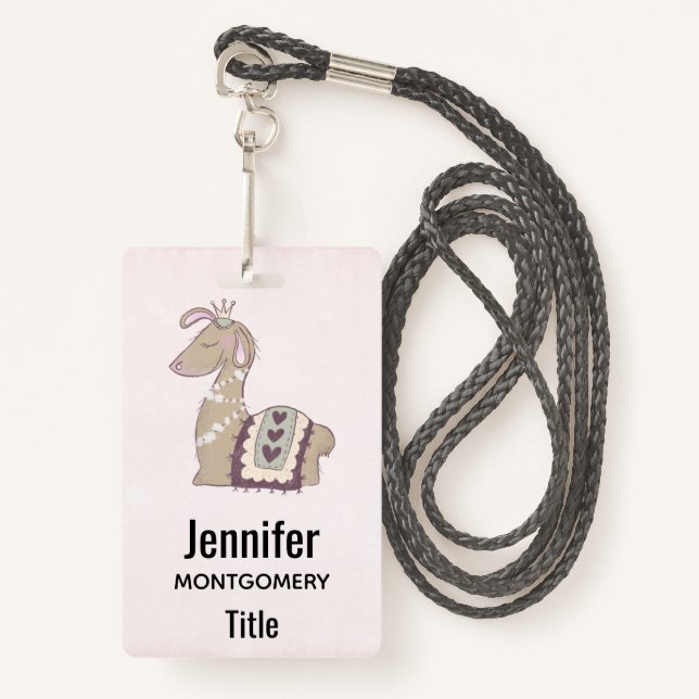 Cute Llama Princess Wearing a Crown ID Badge (Front with Lanyard)