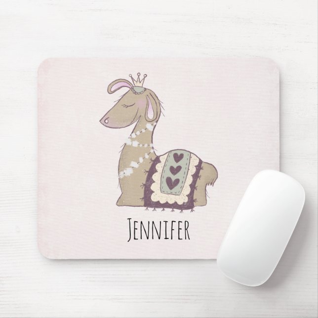 Cute Llama Princess Wearing a Crown Mouse Mat (With Mouse)