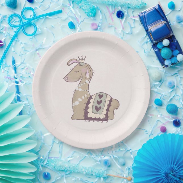 Cute Llama Princess Wearing a Crown Paper Plate (Party)