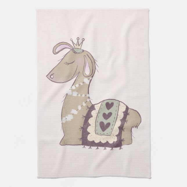 Cute Llama Princess Wearing a Crown Tea Towel (Vertical)