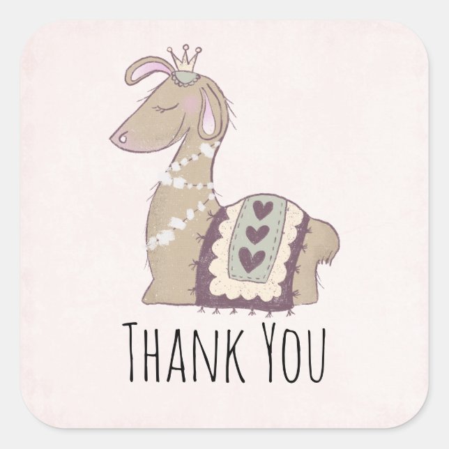 Cute Llama Princess Wearing a Crown Thank You Square Sticker (Front)