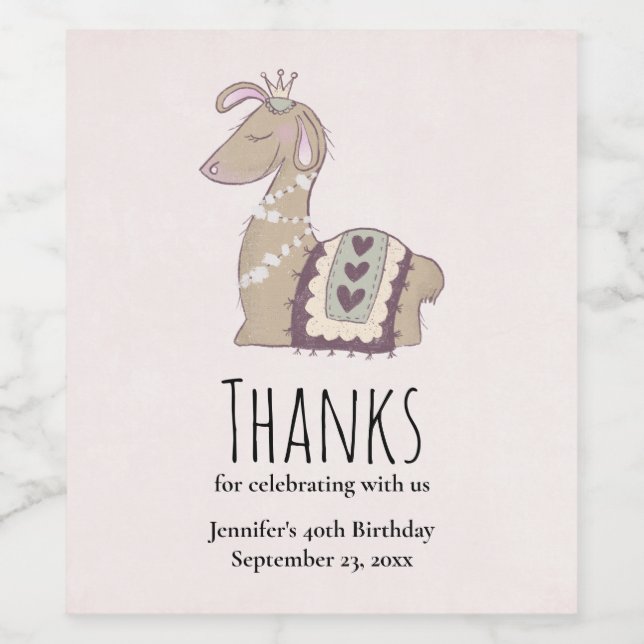 Cute Llama Princess Wearing a Crown Thank You Wine Label (Single Label)