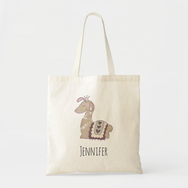 Cute Llama Princess Wearing a Crown Tote Bag (Front)