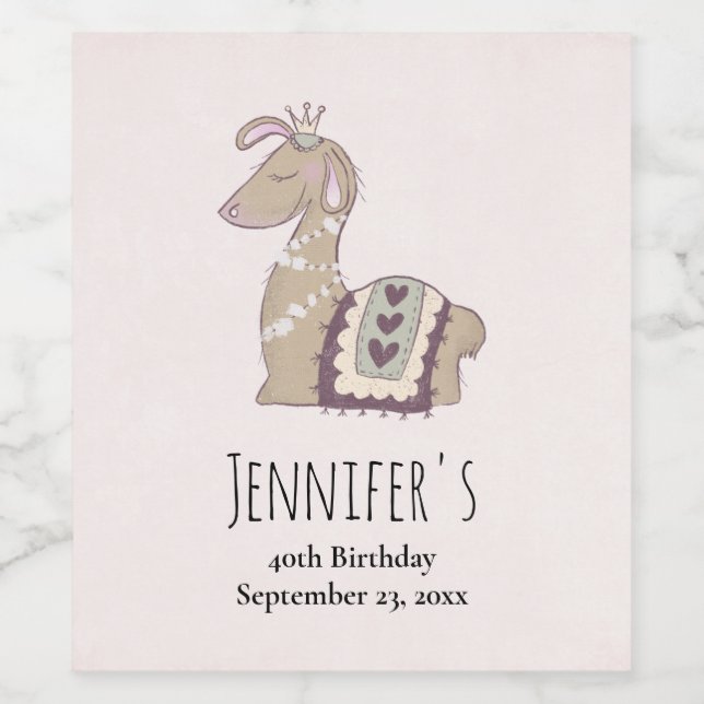 Cute Llama Princess Wearing a Crown Wine Label (Single Label)