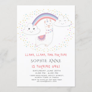 Cute Llama Rainbow Colourful Stars First Birthday Invitation
