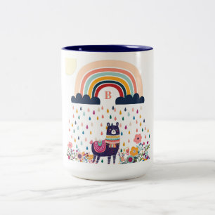 Cute Llama Rainbow Initial Monogram Two-Tone Coffee Mug