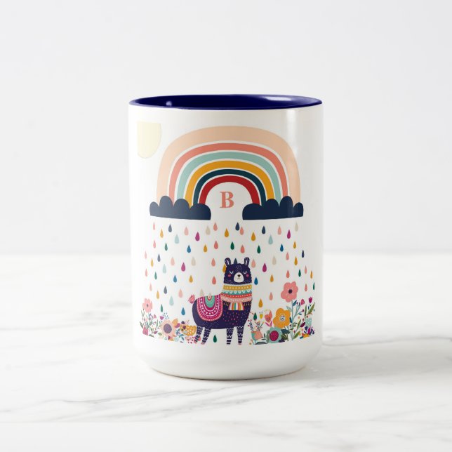Cute Llama Rainbow Initial Monogram Two-Tone Coffee Mug (Center)